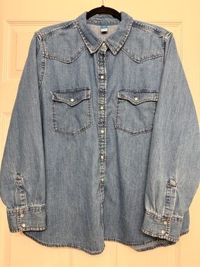 Old Navy Western Denim Shirt XXL Medium Wash Pearl Snap 100% Cotton